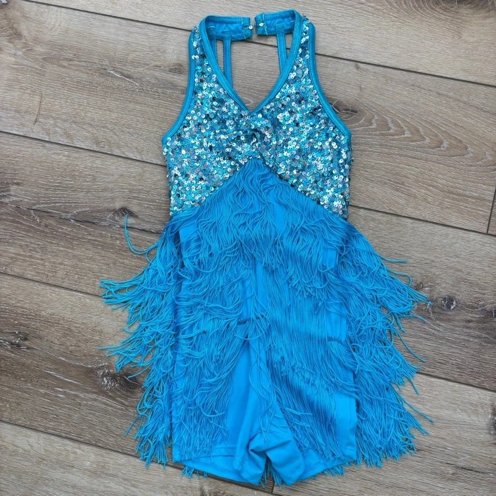 Weissman Showtime Dance Costume 10425 Size SC Blue Fringe Sequins Skating Tap
